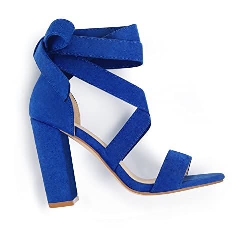 Image of Strappy Heels for Women Chunky Heels High Heeled Sandals with Lace Up Fahsion Casual Nude Block Heel Sandals