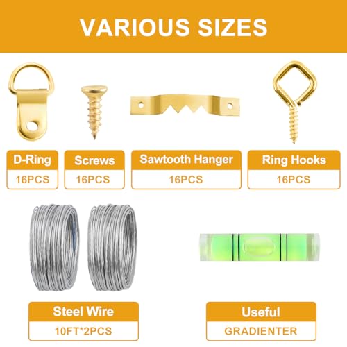 KURUI 303Pcs Picture Hanging Kit, Picture Hangers Assorted Kit with Heavy Duty Picture Hanging Hooks/Hardware Nails/Sawtooth/Wire/D Rings/Level, Metal Picture Wall Hooks for Frame Canvas Mounting - Image 8