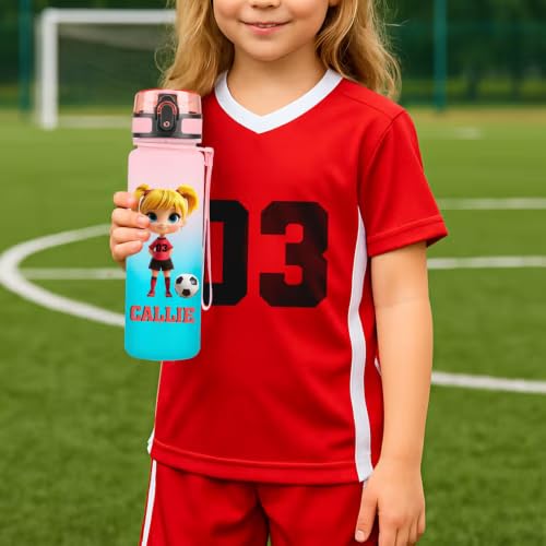 Image of callie Personalized Soccer Water Bottle for Kids, Custom Cartoon Character Leak Proof Sport Bottle for Boys Girls, Soccer Gifts for Children, 17 oz, 22oz, 34oz