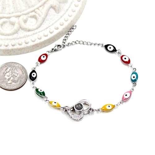 Image of 100 Languages I Love You Projection Heart Charm Evil Eye Chain Bracelet Adjustable Good Luck Jewelry Valentine's Day Anniversary Birthday Protection Gift for Women Mom Wife