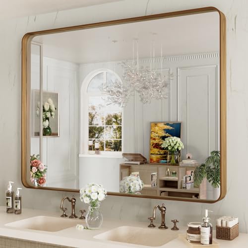 Image of LOAAO 48X36 Inch Bathroom Mirror with Wood Grain Colored Metal Frame | Rounded Rectangle Metal Framed, Anti-Rust, Hangs Horizontally or Vertically, Tempered Glass