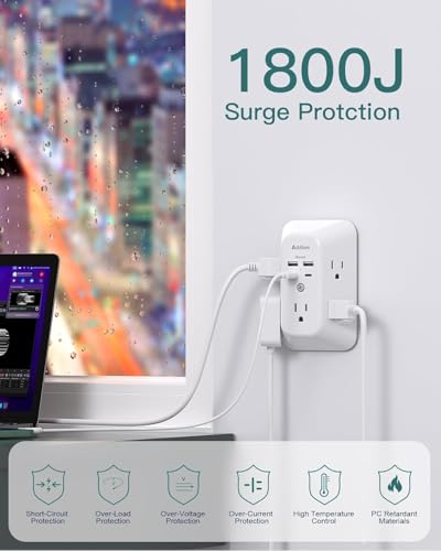 2 Pack USB Wall Charger Surge Protector, Multi Plug Outlet with 5 Outlet Extender and 4 USB Charging Ports (2 USB C Outlet) 3 Sided 1800J Power Bar for Home Travel Office image 4