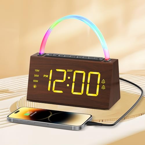 Digital Alarm Clock for Bedrooms - Sunrise Alarm Clock for Heavy Sleepers, Wooden Clock with 7-Color Light, 9 White Noise Sounds, 5-Level Dimmable Lamp, Snooze, USB Charger
