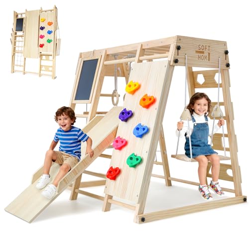 SOFTHOM Klettergerüst Indoor Montessori 10-in-1 Spielplatz für Kinder ab 1 Jahr, Klappbares Klettergerüst mit Tafel, Rutsche, Kletternetz, Multifunktions-Kletterset, Klettergerüst aus Holz