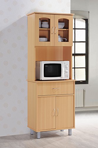 Hodedah Import Long Standing Kitchen Cabinet With Top & Bottom Enclosed Cabinet Space, One Drawer, Large Open Space For Microwave, Beech #TOP1