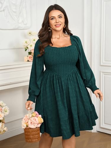 Womens Plus Size Dress Fall Casual Puff Long Sleeve Square Neck Empire Waist Tiered A-line Mini Short Dress3