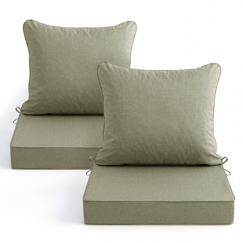 Image of Summsun Water Resistant Outdoor Chair Cushions, Faux Linen Backrest and Deep Seat Cushion Set with Ties, Removable Cover, Non-Slip Bottom for Patio Furniture, 24 x 24 Inch, Mocca Green, Set of 2