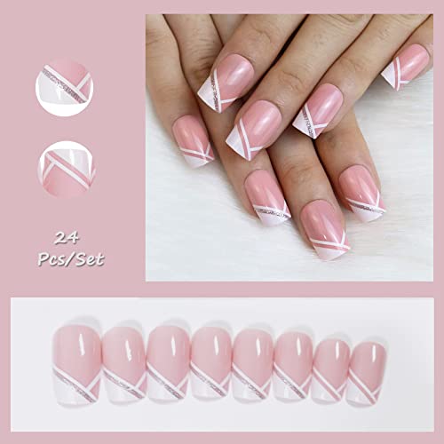Gors Spring Summer French Tips Press On Nails - Medium Simple White Glitter Powder Fake Nails Glue On Nails,Full Cover Stick On Nails False Nails,Acrylic Nails Artificial Nails For Women 24Pcs/Set #TOP3