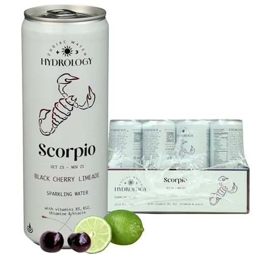 Hydrology Zodiac Water - Scorpio Black Cherry Limeade - Organically Flavored Social Sparkling Water with unique Vitamins and Minerals tailored to the Scorpio Zodiac Sign, Astrology Drink for Birthday Gift (12-Pack, Scorpio - Black Cherry Limeade)
