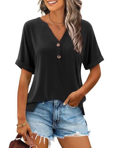 Beluring Tunika Damen Sommer Kurzarm Oberteile Elegant V-Ausschnitt T-Shirt Schwarz XL