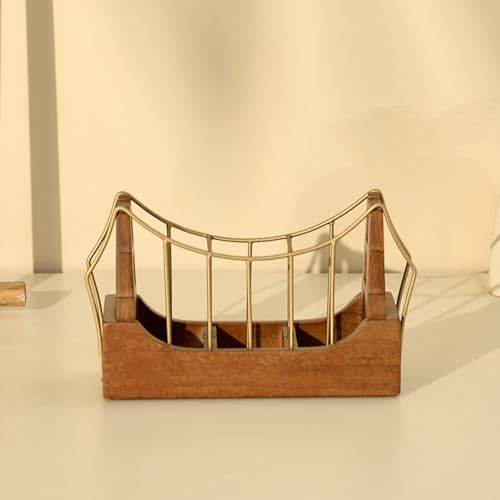 Image of Brick Brown Premium Golden Gate Cutlery Holder | Spoon Stand for Kitchen & Dining Table | Cutlery Stand & Tabletop Cutlery Box | Spoon Holder Caddy with 3 Section Wood & Metal (10.2x3.6x6 inch)