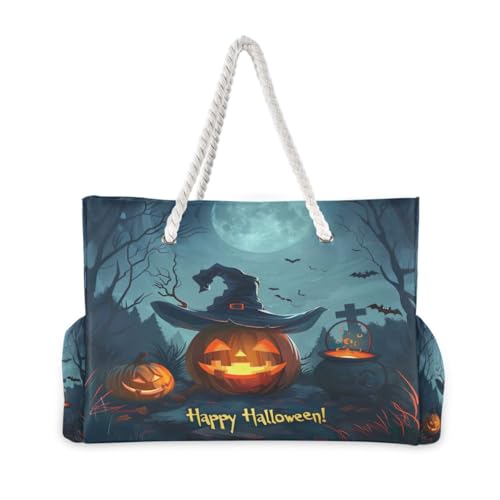 Pumpkin with Witch Hat Beach Bag & Travel Tote Bag Large Sandproof with Zipper Closure, Wet Pouch for Swim Gym Travel2