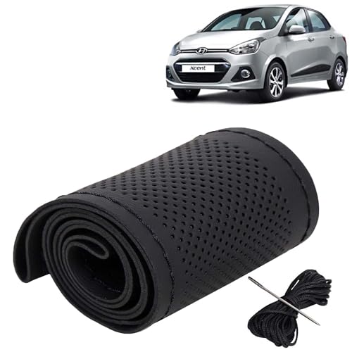 Image of KINGSWAY PU Leatherite Car Steering Cover Sewable Compatible with Hyundai Xcent (Year 2013-2017), Black Color with Black Thread, Pack of 1 with Sewing Needle and Thread