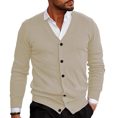 Men's Knitted Cardigan Sweater Long Sleeve V Neck Comfort Sweater Solid Color Button Up Simple Tops for Fall Winter