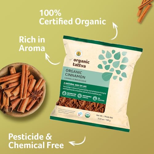 Image of Organic Tattva Cinnamon Sticks 50g | Organic Gluten-Free Dalchini Whole | Natural & Aromatic Spice for Cooking, Baking, Tea, Coffee & Indian Dishes