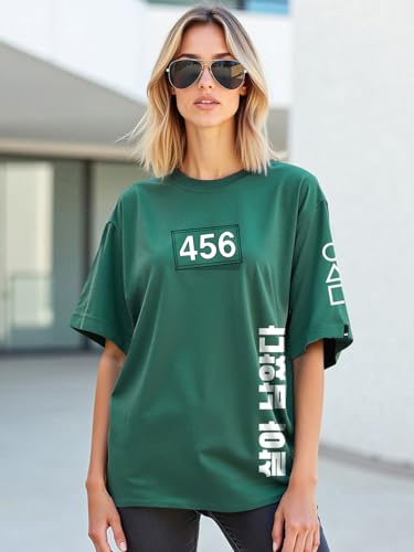 Image of Bewakoof X Squid Game Women's Cotton Jersey Graphic Print Oversized Fit Half Sleeve Round Neck T-Shirt | Casual wear | Streetwear | Oversized Tshirt for Woman Cotton| Baggy