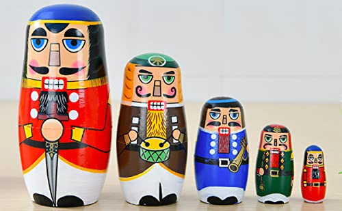 Kakeah Nutcracker Nesting Dolls Wooden Matryoshka Russian Doll Handmade Stacking Toy Set 5 Pieces For Kids #TOP1