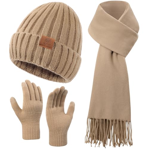 Passionbility Winter Beanie Hat Scarf Gloves Set for Women, Warm Knit Skull Cap Long Scarf Touchscreen Fleece Lined Gloves 3 in 1 Set