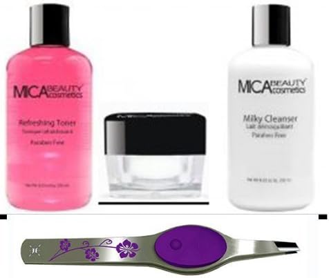Bundle 4 Items: Mica Beautymosturizer. Milk Cleanser Tonner + Lighted Floral White Color Tweezers