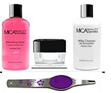 Bundle 4 Items: Mica Beautymosturizer. Milk Cleanser Tonner + Lighted Floral Purple Tweezers
