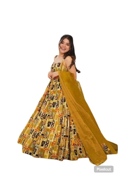 Printed Anarkali Gown with Dupatta, Yellow, Sleeveless, Ethnic (in, Alpha, L, Regular)
