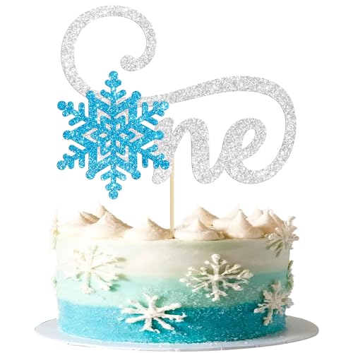 Gyufise Snowflake One Cake Topper Silver Blue Winter Onederland 1st Birthday Boy Cake Decoration for Winter Frozen Theme Party Supplies (1 Pack)