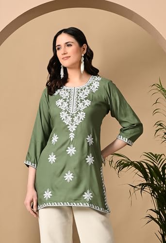 Image of LIBOZA Women's Chikankari Embroidered Short Kurti, Rayon Fabric, Three-Quarter Sleeves, Available in Pink, Black, Mustard Yellow, White, Pista and Green