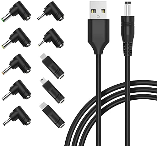 LXDI Universal DC 5V Power Cable, USB to DC 5.5x2.1mm Plug Power Cord with 12 Connectors Adapters for Router, led strip lights, Smart phone, Speaker and More