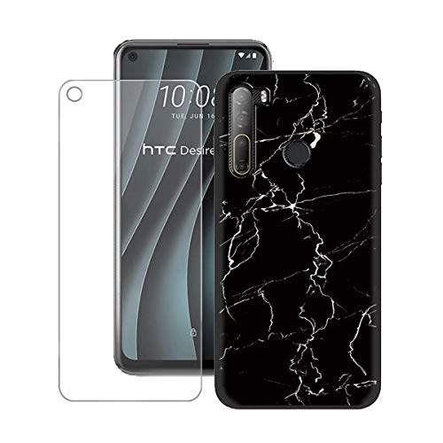 TTJ Funda para HTC Desire 20 Pro, Negro Suave Silicona TPU Canica Carcasa Caso Case + Cristal Templado Film Vidrio Protector de Pantalla para HTC Desire 20 Pro (6,5') - LLM9