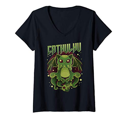 Donna Cute & Funny Cathulhu Kawaii Cat Cthulhu Maglietta con Collo a V