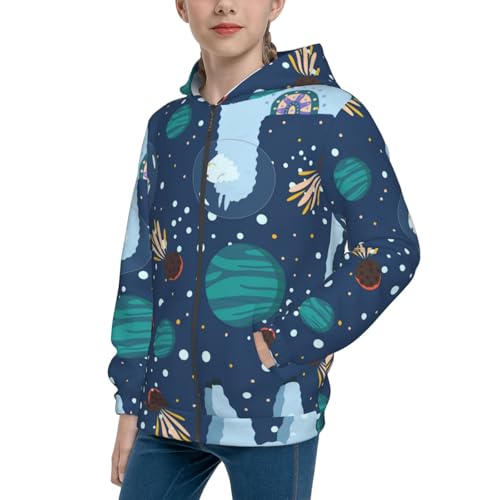 Alpaca Astronaut in Space Kids Pullover Hoodies Boys Zip Up Sweatshirts Girls Athletic Clothes with Pocket