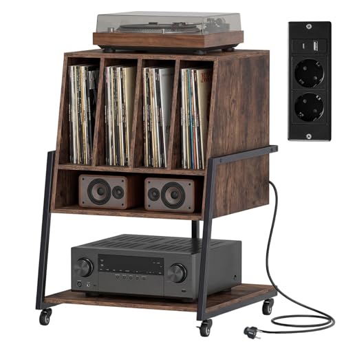 KOMFOTTEU Mueble para Tocadiscos con Ruedas/Patas Ajustables, Mesa para Tocadiscos con Estación de Carga, Soporte de Discos de Vinilo con Divisores para Álbumes (Marrón, con Estación de Carga)