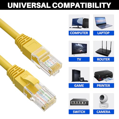 Image of Cat5e Ethernet Cable 300 FT, Long Cat 5e Internet Cable, Yellow Snagless Patch Cord, Flexible, Network, LAN, PoE, Standard RJ45 Connector for PC, Server, Router, Modem, TV, PS5 - with 15 Cable Ties