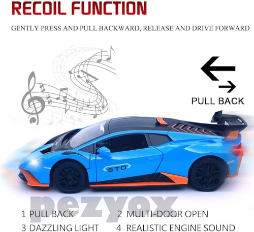 Image of Lambo Huracan STO 1:24 Big Size Diecast Scale Model Alloy Metal Pull Back Toy car for Kids with Openable Doors & Light, Music Toy Vehicle for Kids (Blue)