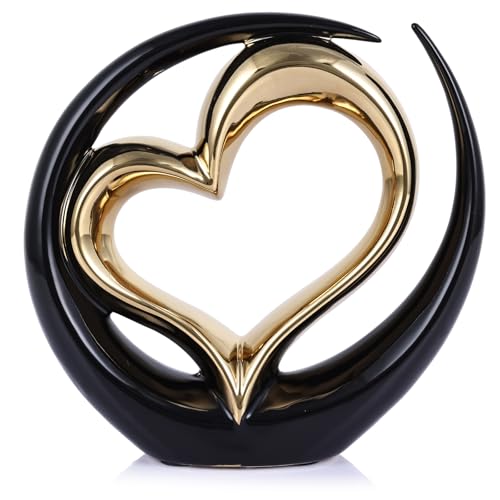 oliruim Statua decorativa a forma di cuore in ceramica, scultura nera con doppio cuore per la casa, centrotavola, San Valentino, matrimonio, oggetti decorativi per mensole, tavolino da caffè