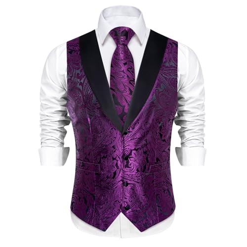 Image of DiBanGu Mens Paisley Suit Vest Silk Jacquard Waistcoat and Necktie Set Formal Shawl Collar Dress Vest 7PCS for Wedding Party
