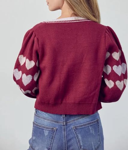 Image of Valentine's Day Cardigan Sweaters for Women Love Heart Print Button Down Cropped Cardigans Y2K Open Front Knit Sweater