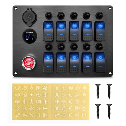 Geloo 10 Gang Pannello Interruttori Impermeabile IP65 Pannello Interruttori a Levetta 12 V/ 24 V con Interruttore di Potenza a LED e Pulsante Clacson per Auto, Barche, Camper, Camion