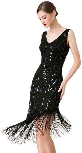 Image of Women Flapper Dresses 1920s V Neck Beaded Fringed Great Gatsby Club & Night Out Dresses