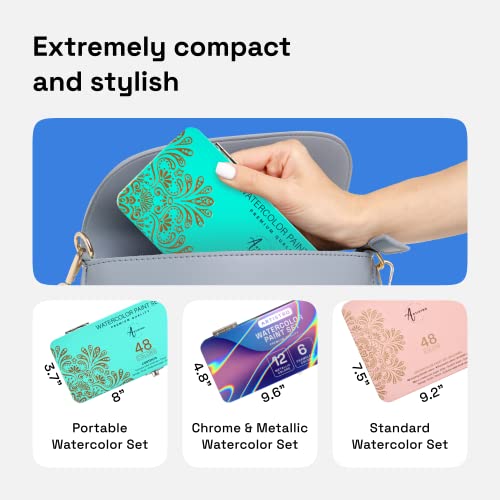 Artistro Watercolor Paint Set, 48 Vivid Colors In Portable Box, Including Metallic And Fluorescent Colors. Perfect Travel Watercolor Set For Artists, Amateur Hobbyists And Painting Lovers #TOP5