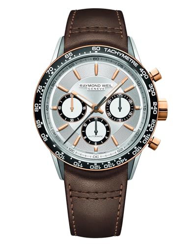 RAYMOND WEIL Freelancer Men's Automatic Watch, Chronograph, Black Ceramic Bezel, Silver Dial, Stainless Steel with Rose Gold PVD Plating, Genuine Brown Leather Strap, 43.5mm(Model:7741-S51-65021)