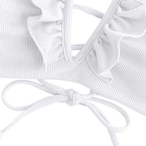 Zaful Women's Strapless Ribbed V Wired Lace Up Ruffle Tie High Cut Bandeau Swimsuits Bikini Set(0-White, L) #TOP7