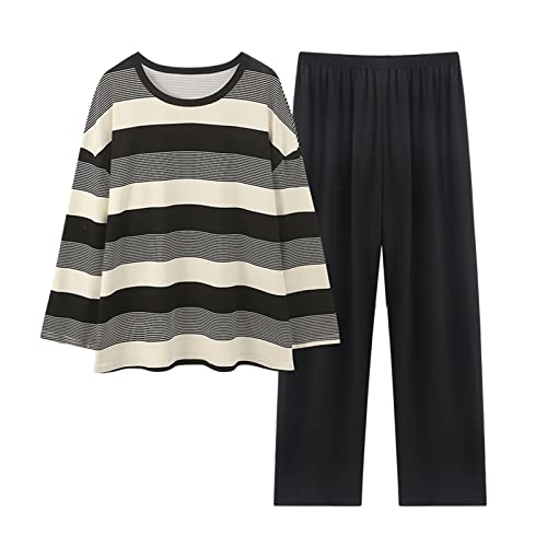 Pyjama Damen Lang Tshirt, Schlafanzug Damen Sommer Langarm Bedruckt Loungewear Set Oversized Zweiteiler Elegant Nachtwäsche Große Größen...
