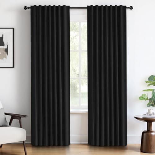 INOVADAY 100% Blackout Curtains 102 Inches Length 2 Panels Set, Back Tab/Rod Pocket Linen Black Out Curtains for Bedroom, Thermal Insulated Window Drapes - Black, W50 X L102