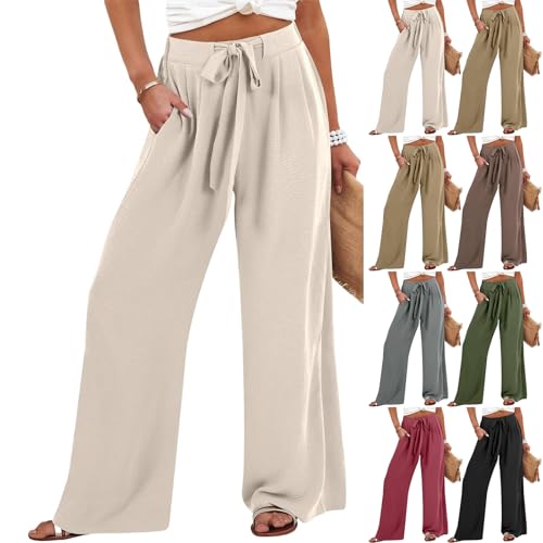 Linen Pants Women High Waisted Wide Leg Work Pants Business Casual Formal Pull On Dress Pants with Pockets Slacks