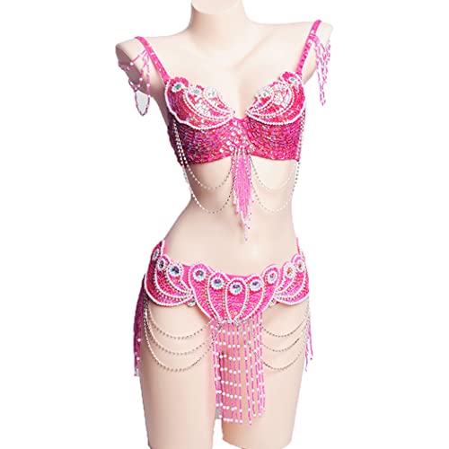 Women Belly Dance Outfits Performance Dresses Tribal Belly Dancwer Costumes Belly Dance Bra and Belt 2 Piece Set,Rose red,S