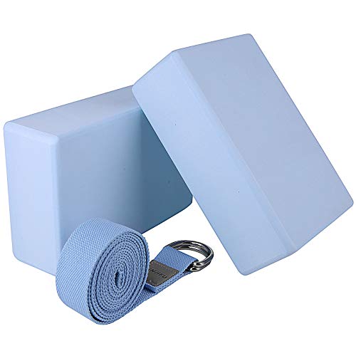Viesap Bloque Yoga, 2 Pcs Bloques De Yoga+Correa, Bloque De Yoga Ejercico EVA De Alta Densidad para Mejorar Fuerza Y Flexibilidad Yoga, Bloque Yoga Grande Set Bloques Yoga Bloque Yoga Espuma, Azul.