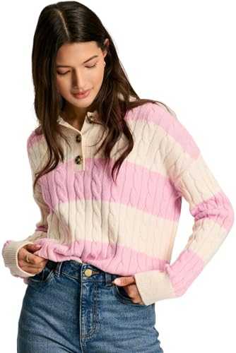 Women's Pink Stripe Cable Knit Collared Henley Sweater - Stylish & Cozy