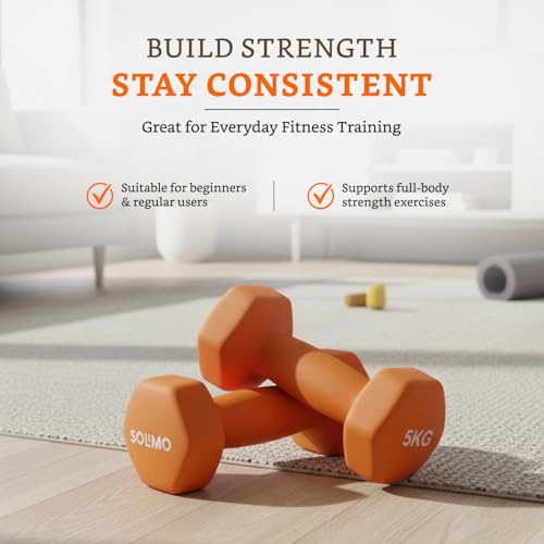 Image of Amazon Brand - Solimo Neoprene Dumbbell 5 Kg, Set of 2 (Orange)