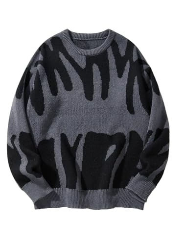 Men Contrast Pullover Sweater Long Sleeve Crew Neck Irregular Textured Casual Knit Jumper